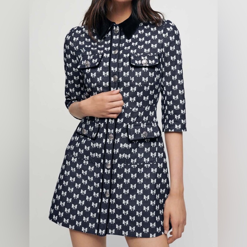 Maje Jacquard Dress With Bow Pattern In Navy Knots
